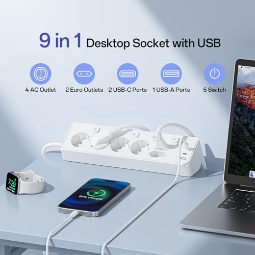 6 Fach Steckdosenleiste mit 3 USB PD 30W, Kemelo Mehrfachsteckdose mit Schalter, 9 in 1 Tischsteckdose Überspannungsschutz Schreibtisch Zubehör, 2m Verlängerungskabel Schreibtisch Steckdose,Weiß 2