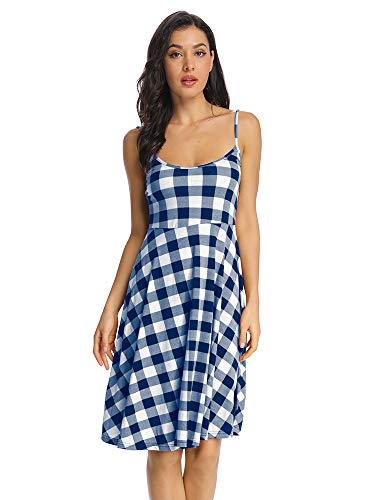 Women's Sexy Bodycon Spaghetti Strap Plaid Printed Slip Dress White Blue S