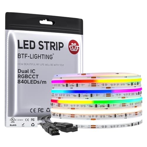 BTF-LIGHTING WS2811 Dual IC RGBCCT FCOB COB LED Strip UL Listed High Density Chasing IC RGB Light+Tunable White 3000K-6000K 16.4FT 840LEDs/m 10mm Width IP30 DC24V 3M Tape(No Adapter or Controller)