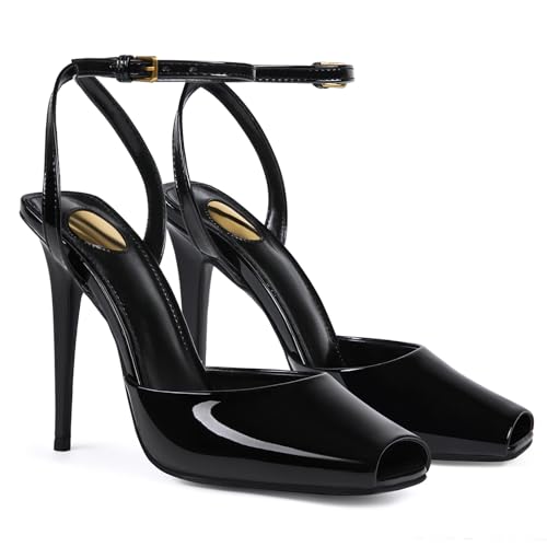 CAGLGLZ Square Open Toe Heeled Sandals for Women Patent Leather Stiletto High Heels Peep Toe Ankle Strap Backless Pumps Fashion Casual Dressy Party Shoes(Black,9)