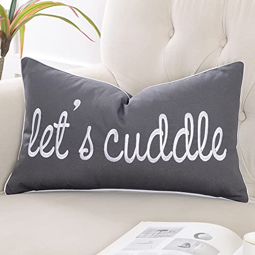 Sunkifover Dark Gray Decorative Lumbar Pillow Covers 12X20 Inches, Soft Solid Rectangular Pillow Cover, Embroidered Rectangle Pillow Case With Let's Cuddle Saying For Bed, Bedroom (Color Grey) #TOP1