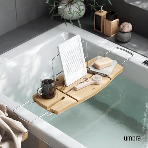 Umbra Aquala Bathtub Tray Extendable Caddy with Book Stand and Wine Glass Holder, Natural