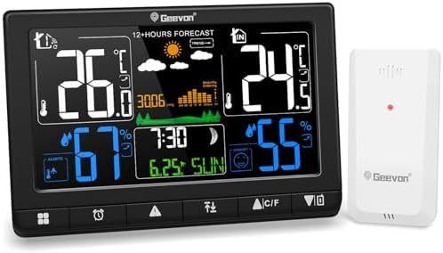 Geevon Weather Stations Wireless Indoor Outdoor Thermometer, Color VA Display Digital Temperature Humidity Monitor with Barometer, Time, Calendar, and Adjustable Backlight