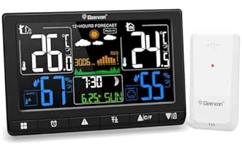 Geevon Weather Stations Wireless Indoor Outdoor Thermometer, Color VA Display Digital Temperature Humidity Monitor with Barometer, Time, Calendar, and Adjustable Backlight