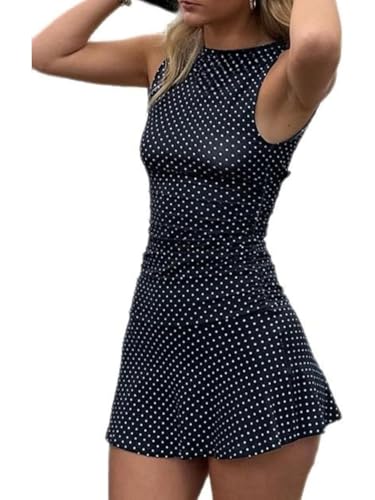 Image of Polka Dot Dress Round Neck A Line Bodycon Sleeveless Vintage Wrap Mini Elegant Sexy Streetwear Dress
