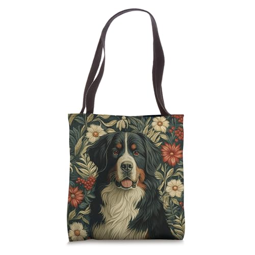 Bolso tote vintage navideño suizo con flores y perro Bernese Mountain Dog miniatura 1