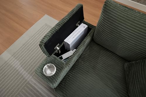 Image of 50 inch Corduroy Upholstered Chaise Lounge Chair Indoor, Modern Lazy Sofa with Storage Armrest, Sleeper Couch with Cup Holders for Living Room, Dark Green