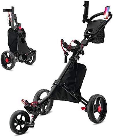 Kingdely Golf Push Cart, Lightweight Collapsible 3 Wheels Golf Pull Cart, Height Adjustable Golf Trolley with Scoreboard, Golf Bag Cart with Phone and Umbrella Holder, Easy to Open