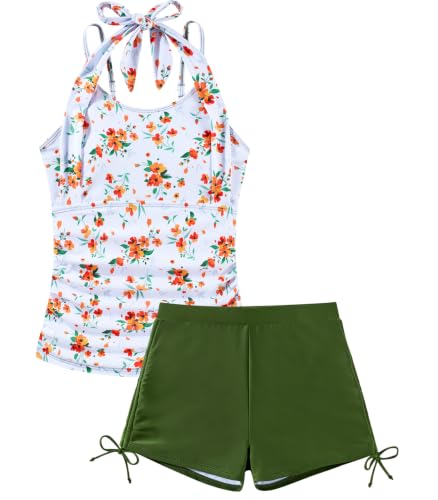 Image of Girls Tankini Swimsuit 2 Piece Halterneck Bathing Suit for Teens Size 7-16