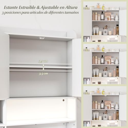 COSTWAY Mueble sobre Inodoro, Armario Independiente para Lavadora con Armario de 2 Puertas, 6 Compartimentos, Caja para Pañuelos, Gancho y Estante Ajustable, Estanterias Alta de Almacenaje (Blanco) - imagen 7