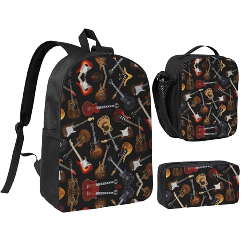 Guitars print Shoulder Bookbags Lunch Bag and Pen Case 17 inches Backpack with Lunch Box, Cute Bookbag Set