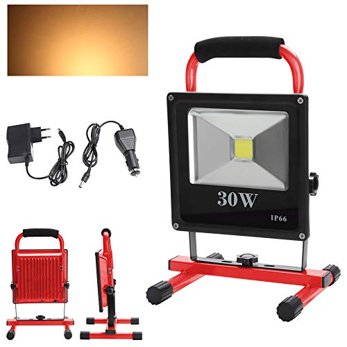 Preisvergleich Produktbild Hengda Akku LED Baustrahler - Arbeitsscheinwerfer - Bauscheinwerfer - Arbeitsleuchte - 30W Warmweiß, 2400 Lumen, 3000K, IP66 Wasserdicht, Für den Innen- und Außenbereich
