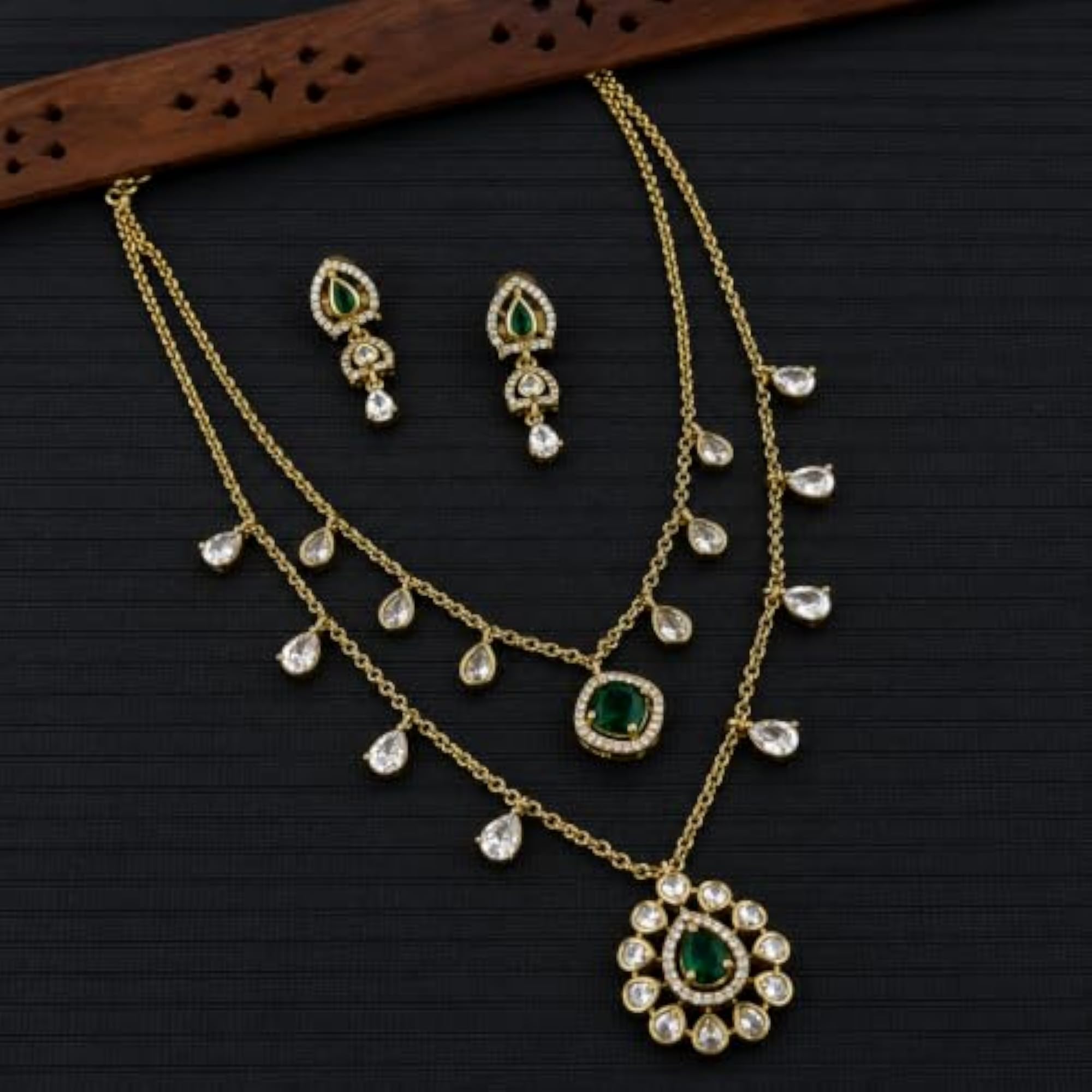 Premium Gold Plated Emerald Green Layered Necklace Set