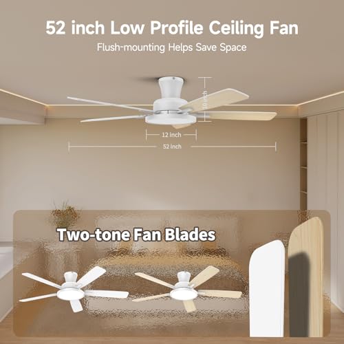 TALOYA Ceiling Fans with Lights and Remote, 52 inch Low Profile Ceiling Fan with Nightlight, Flush Mount, Reversible, 3CCT, Dimmable White Modern Ceiling Fan for Bedroom, Living Room, Outdoor Patio thumbnail 5