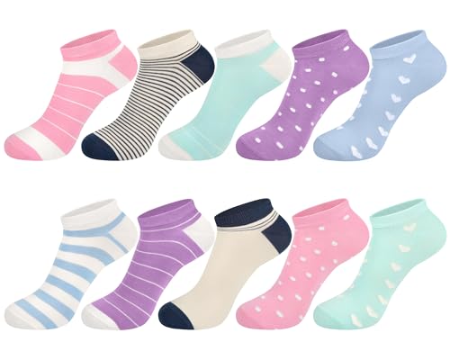 Softcozy 10 Pares de Calcetines Deportivos para Mujer con Estampado de Rayas, Lunares y Corazones. Suaves y Transpirables, el Perfecto. Talla única. (Mezcla de colores)