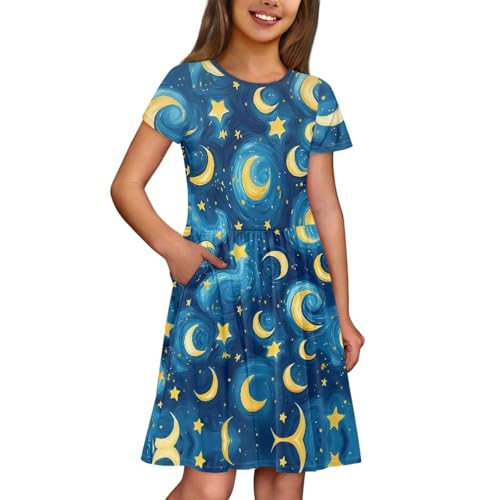 Image of Girls Dress with Pockets Basic Short Sleeve High Waist Swing Skater Dress School Party Dress for Kids