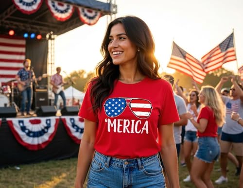Image of ForHailey Women's 4th of July Patriotic Shirts Graphic Tees USA Shirt American Flag Short Sleeve Tunic Tops