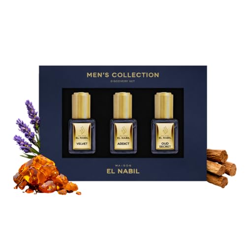 Maison El Nabil - Coffret Découverte Parfum Roll On pour Homme 3x5ml (Velvet, Addict, Oud Secret) – Aromatic, Woody & Oriental – Extrait de Parfum Sans...