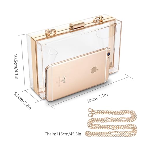 WJCD Women Clear Purse Acrylic Box Clutch Handbag, Small Transparent Crossbody Evening Bag Stadium Approved Gold Chain Strap2