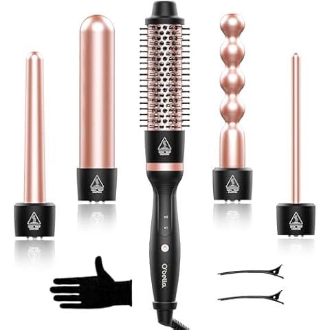 Curling Iron Set, O'bella 5 in 1 Curling Wand Set with Thermal Brush&4 Interchangeable Ceramic Curling Wand(0.35”-1.25”), 2 Temps Instantly Heating Hair Wand Curler Cover