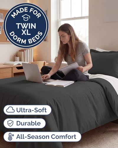 Image of Duvet Cover Twin /Twin XL Size Set - Extra Soft Twin /Twin XL Duvet Cover 68 inch x 90 inch with 1 Pillow Sham for Women, Men, Kids & Teens - Comfy, Easy-Care & Fade Free w / Zipper Closures & Ties (Charcoal)