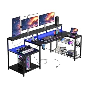Bestier Gaming Desk with Power Outlet, 71.5 inch LED Computer Desk with Monitor Stand, L Shaped Large Desk with Metal Shelf, Cup Holder & Headset Hooks, Corner Desk for Bedroom 3D Carbon Fiber
