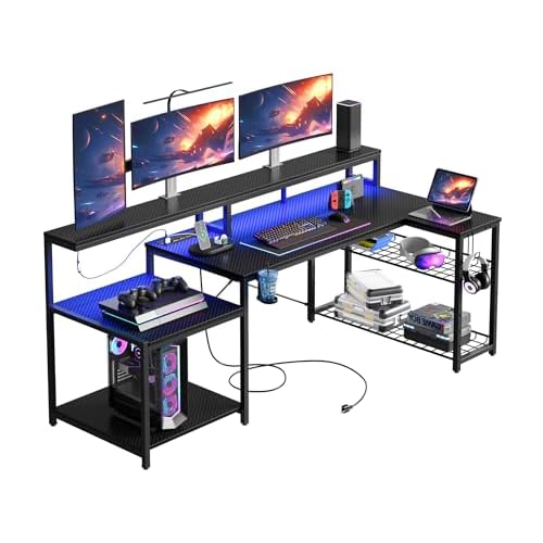 Bestier Gaming Desk with Power Outlet, 71.5 inch LED Computer Desk with Monitor Stand, L Shaped Large Desk with Metal Shelf, Cup Holder & Headset Hooks, Corner Desk for Bedroom 3D Carbon Fiber