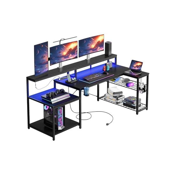 Bestier Gaming Desk with Power Outlet, 71.5 inch LED Computer Desk with Monitor Stand, L Shaped Large Desk with Metal Shelf, Cup Holder & Headset Hooks, Corner Desk for Bedroom 3D Carbon Fiber