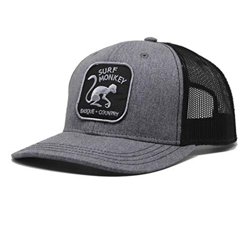 DRESSED IN MUSIC PLAY WITH ME Gorra Tipo Trucker - Visera Curvada - Gorra Ajustable Snapback - Parche Bordado Surf Monkey - Diseño de 5 Paneles 24/48h - Surfing The Basque Country (Gris/Negro) Cover