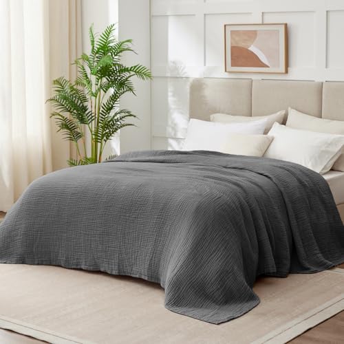 Image of 100% Cotton Muslin Blanket California King 120 inch x 90 inch, 6 Layers Breathable and Lightweight Oversized Blankets for Bed, Soft Cooling Gauze Blanket for Adults All Season, Dark Grey