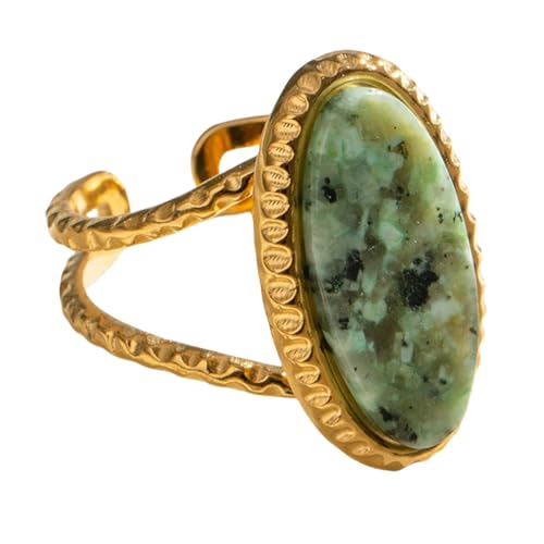 Geometric Oval Statement Ring for Women Gold Plated Titanium Steel Retro Stone Adjustable Open Band Wrap Finger Rings Comfirm Fit Boho Vintage Wedding Engagement Jewelry Gift