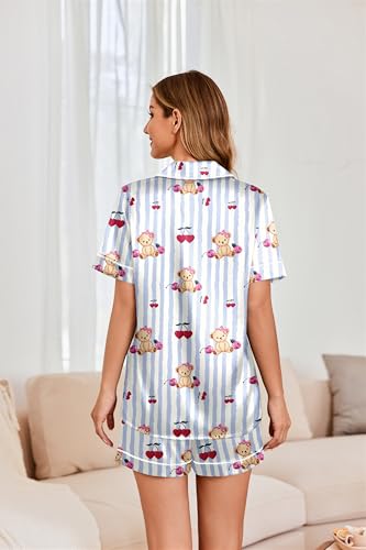 Image of Ekouaer Womens Satin Silk Pajamas Set Short Sleeve Sleepwear Button Down Top and Shorts Loungewear 2 Piece Pjs Set S-XXL
