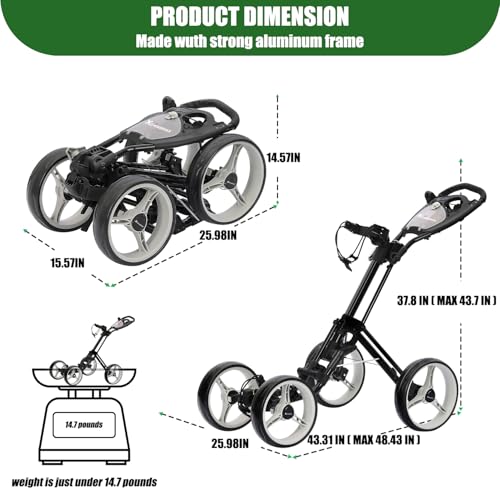Image of XDriveMax GC53 Stable 4-Wheel Golf Trolley, Compact One-Click Fold Push Cart with Cup Holder, Scorecard Slot & Storage