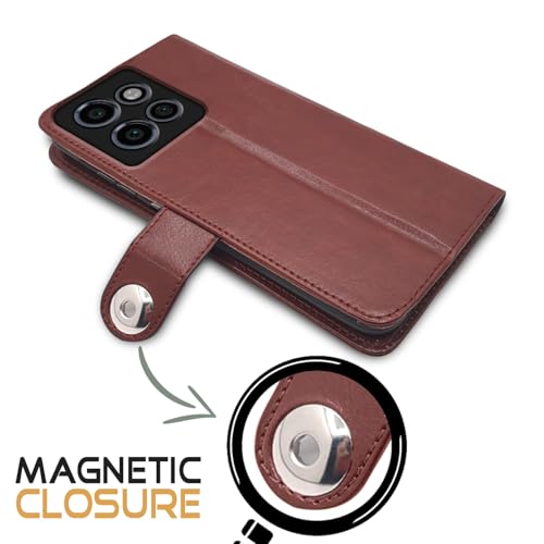 Image of Pikkme Flip Cover Leather Finish | Inside TPU with Card Pockets | Wallet Stand and Shock Proof | Complete Protection Button Flip Case for Moto Edge 50 Neo 5G (Brown)