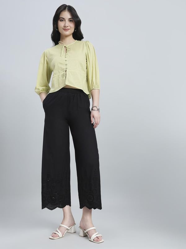 Image of GO COLORS Soft Cotton Embroidered Wide Pant Full Length for Women | Mid Rise, Breathable