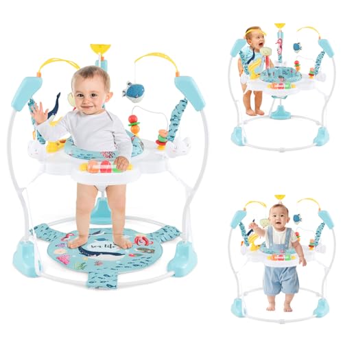 Image of HONEY JOY Baby Bouncer Activity Center, Infant Jumper and Table w/ 360° Rotary Seat, 3 Adjustable Heights, Mat, Music, Lights, Sounds & Developmental Toys, Activity Center for Babies (Light Blue)