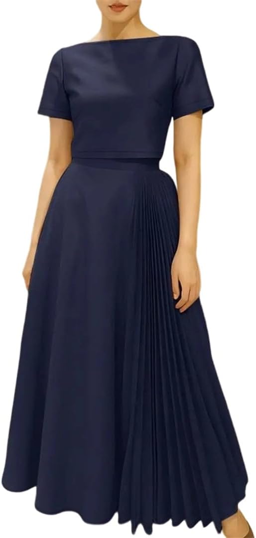 Women's Two Piece Skirt Set Elegant Short Sleeve Crop Top And Pleated Long Skirt Matching Suit Outfit