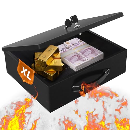 Fireproof Document Box Large Document Safe Box with Key Lock and Handle Portable Fire Proof Documents Storage Box for Personal Items Passport Cash Tablet Exterior 33.5x28x10.5cm