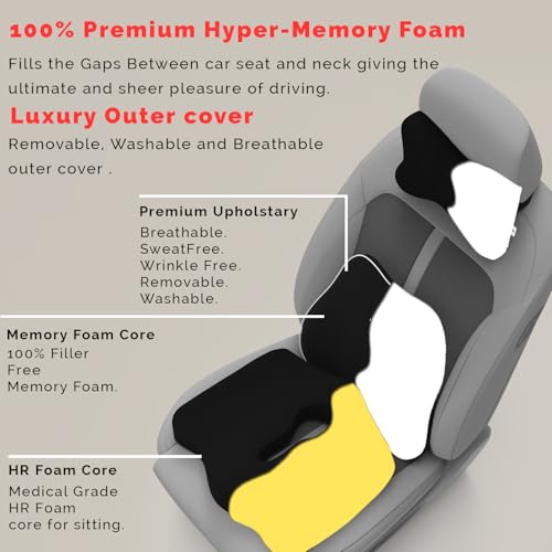 Image of MRRON Memory Foam Car Seat Cushion Combo - Backrest, Coccyx Cushion & Neckrest - Orthopedic Support for Back, Sciatica & Neck Pain - Ergonomic Comfort for Car, Office. (Black, Slim Backrest)