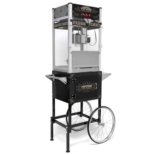 Image of 20 Oz Popcorn Machine with Cart: This popcorn machine on wheels combines an antique-style design with modern features. The cart includes bicycle-style wheels and a cabinet -Black