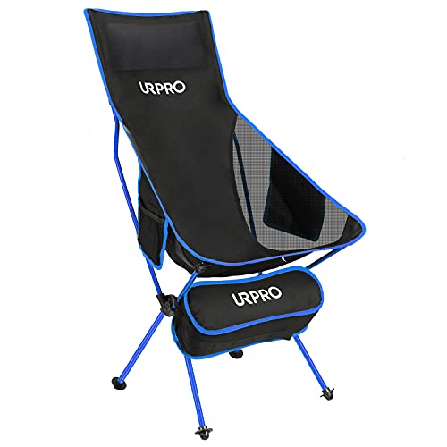 URPRO Upgraded Outdoor Camping Chair Portable Lightweight Folding Camp Chairs with Headrest & 2-sided Pocket High Back for Outdoor Backpacking Hiking Travel Picnic Fishing Blue