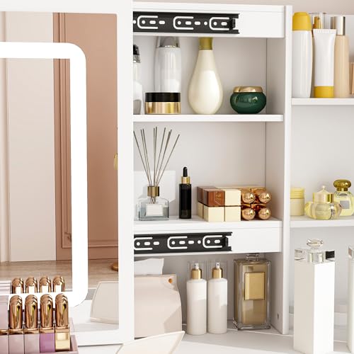 AIEGLE Large Vanity Desk Set with Sliding Lighted Mirror & Build-in Power Strip, 3 Colors LED Lighted Makeup Vanity Drawer Dressing Table with Hair Dryer Rack & Cushioned Stool, White - Power Strip