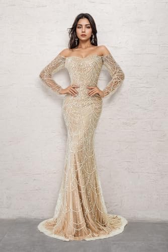 Mermaid/Trumpet Sexy Evening Dress Party Off-The-Shoulder Court Train Long Sleeves Prom Dress with Sequin 20242