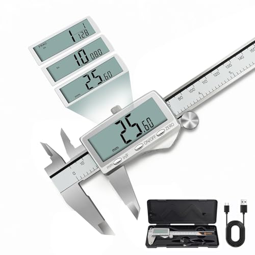 HARDELL Digital Caliper 8"/200mm, Rechargeable Stainless Steel Micrometer, Large LCD Inch/MM/Fraction, Auto-Off, Electronic Measuring Tool for Machinist Woodworking 3D Printing DIY Household