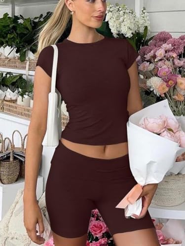 Image of ZFLM Casual Workout Two Piece Outfits for Women Short Sleeve Crop High Waist Foldover Flare Pants Tracksuit Sets Streetwear