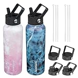 BJPKPK Isolierte Wasserflaschen mit Strohhalm-Deckel, 1200ml Edelstahl-Metall-Wasserflasche mit 6 Deckeln, auslaufsicher, BPA-frei, Thermoskannen, Becher, Flaschen für Reisen, Sport, Blüte und Ozean,