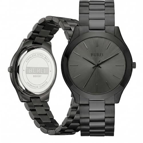 BUREI Men's 44mm Stainless Steel Quartz Watch, Ultra Thin Business Casual Analog Wrist Watch, 3ATM...