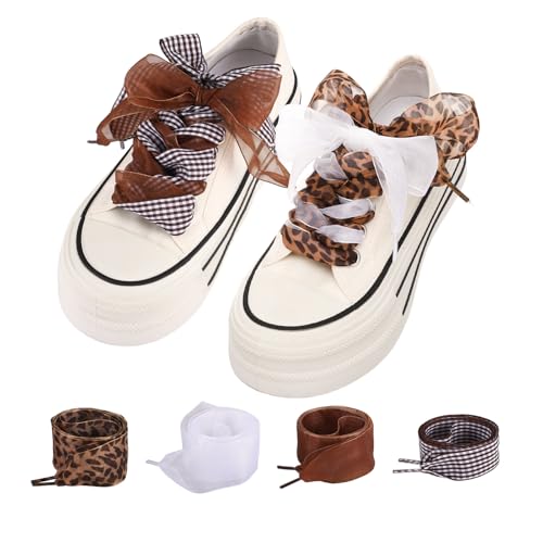 JATEBI 4 Pairs Satin Ribbon Shoe Laces for Sneakers, Fashion Retro Leopard Print Ribbon Shoelaces Set, Wide Casual All-match Sport Shoes Shoestring for Women Girls