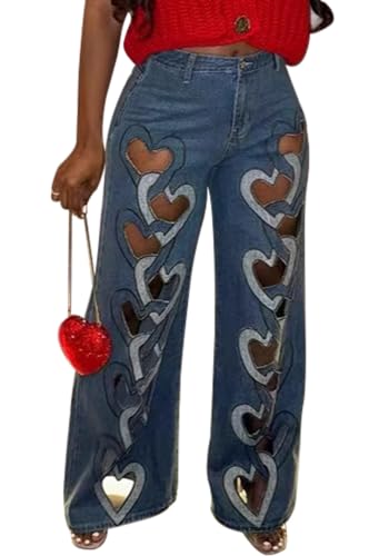 Ecirod Womens Embroidery Heart Cut Out Wide Leg Jeans Baggy High