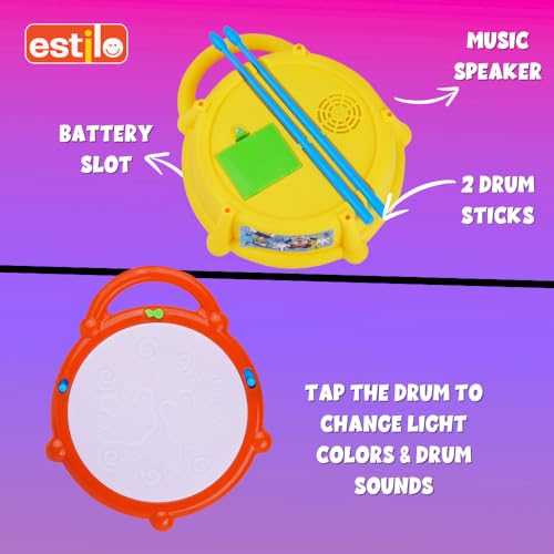 Image of Estilo Mickey Musical Flash Drum with 3D Lights | Sound Instrument Educational Toy for Children, Purple, 3 X AA Battery Operated Ages 3+